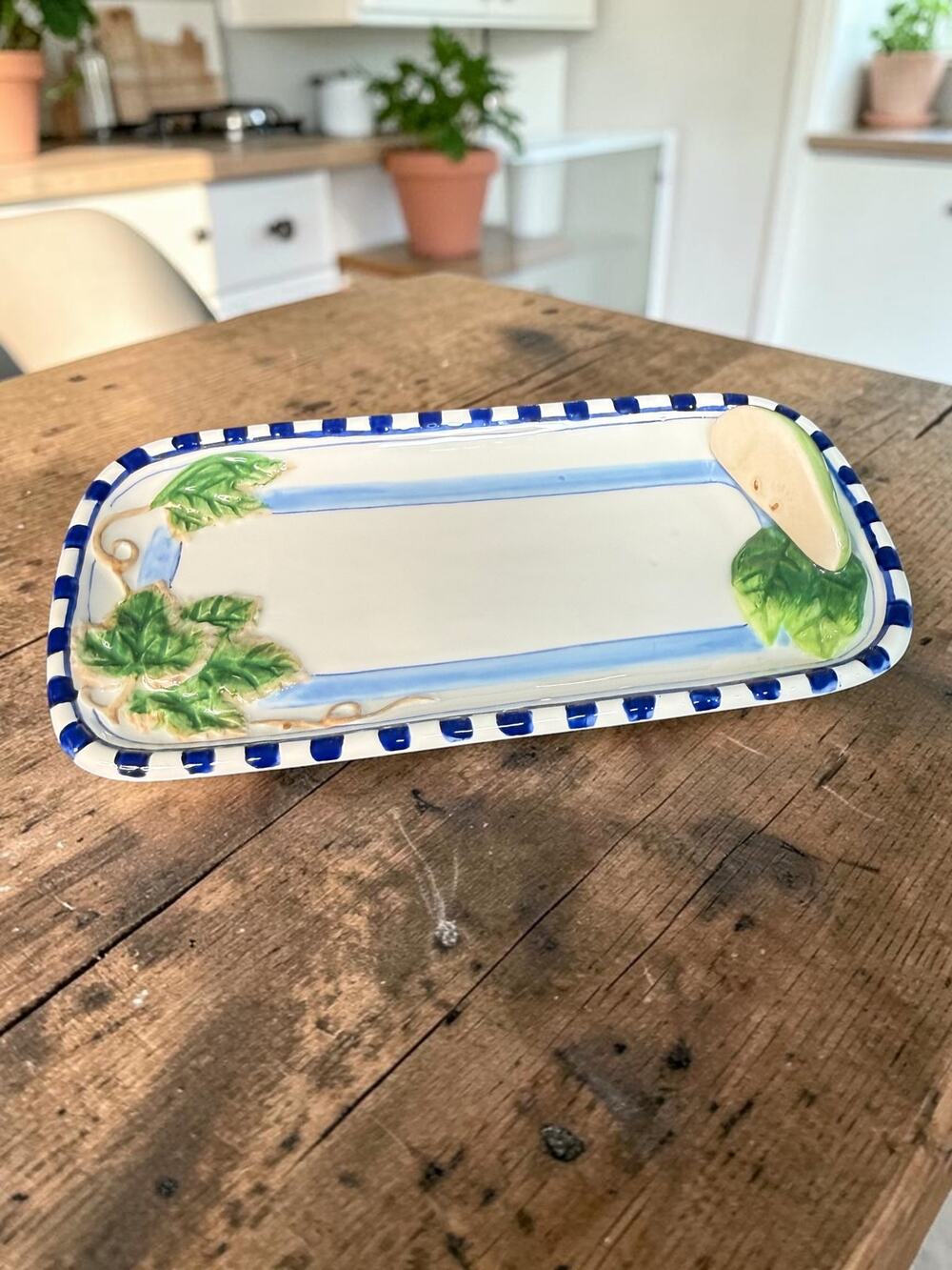 Vintage Bella Casa Ganz 3D Pear Butter Dish Tray Blue Check Cottagecore